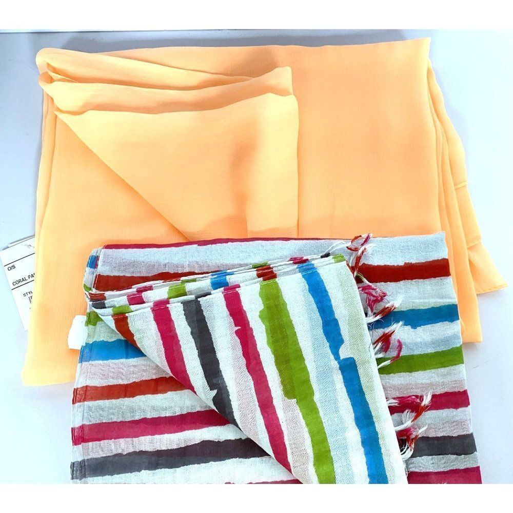 Scarf Wrap Lot of 2 Rectangular Cotton Multicolor Stripe Extra Long Apricot NEW